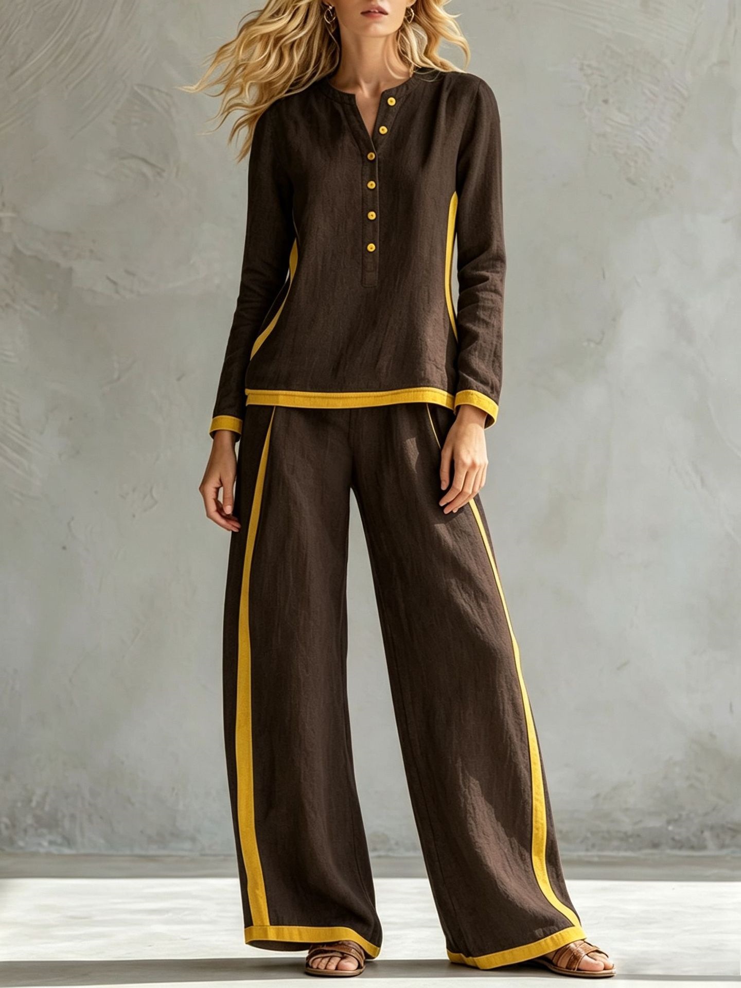Women's Colorblock Buttoned Half Cardigan & Wide-Leg Pants Set