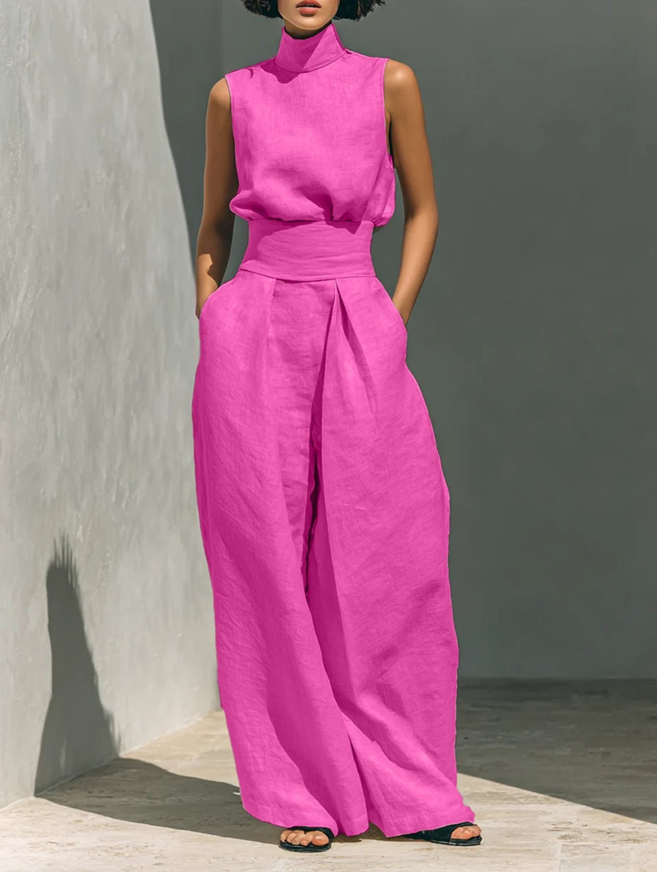 Women's Solid Sleeveless Top and Wide-Leg Pants Set