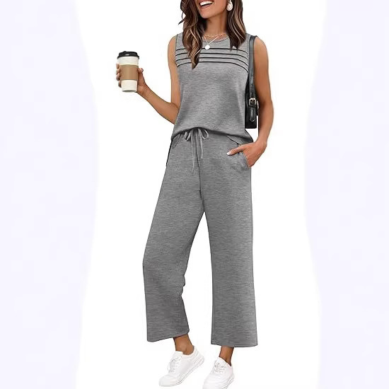 Women's Sleeveless Crewneck Top and Pants Two-Piece Set Casual Solid Color