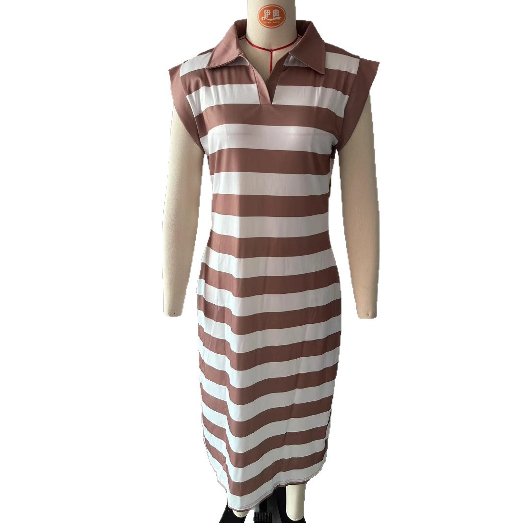 Striped Collared Long Dress with Pockets