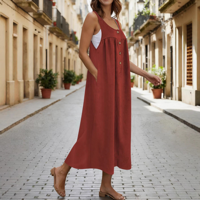 Women's Sleeveless Button A-Line Loose Long Dress Casual