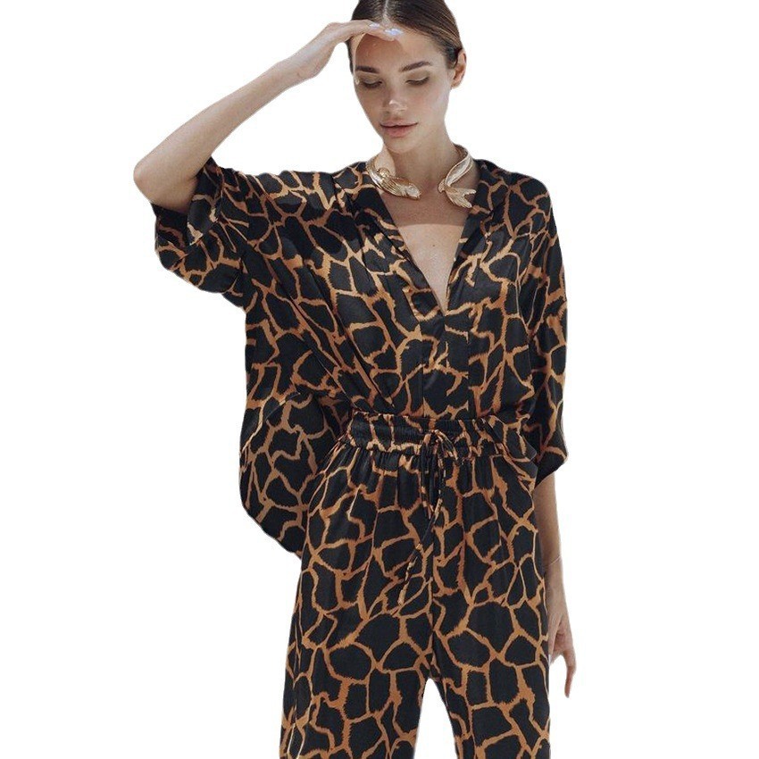 Sexy Leopard Print V-Neck Short Sleeve Pants Pajama Set