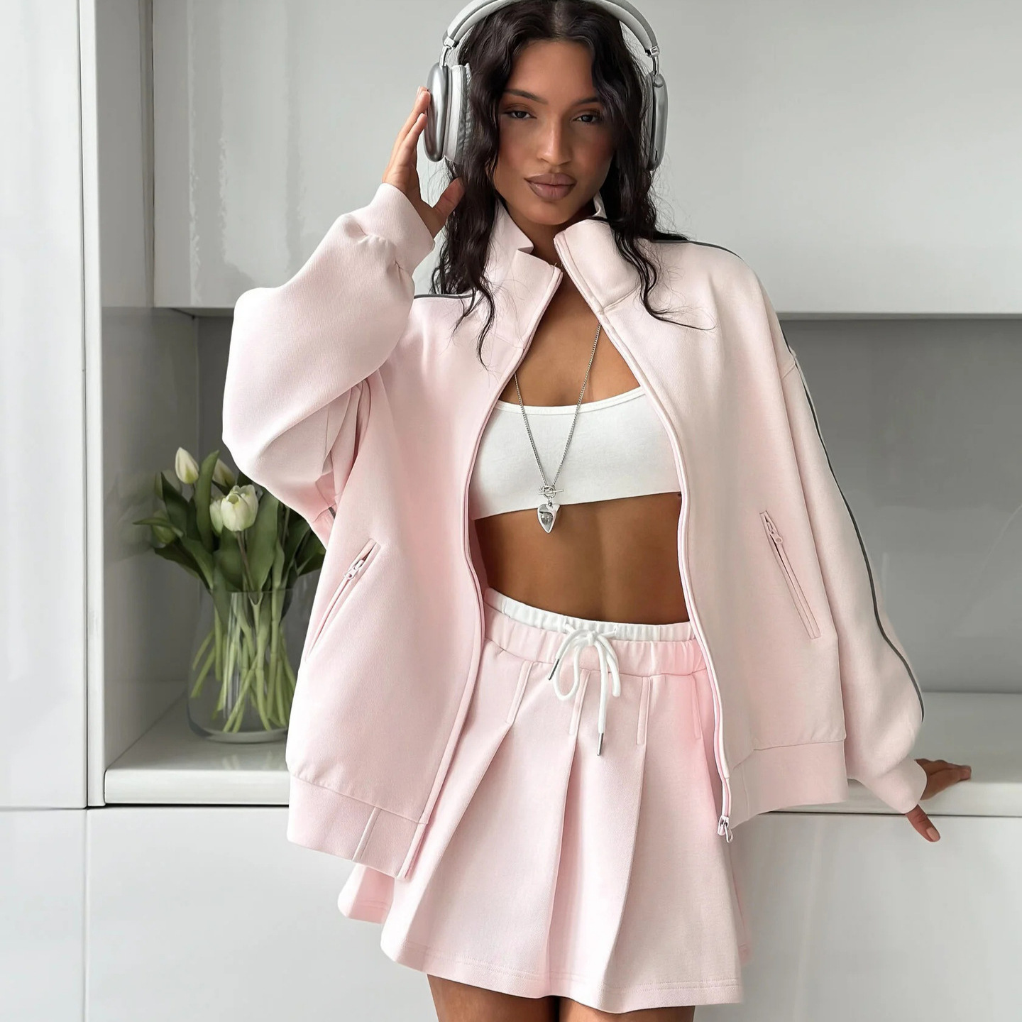 Women's Zip-Up Cardigan and Drawstring Mini Skirt Two-Piece Set