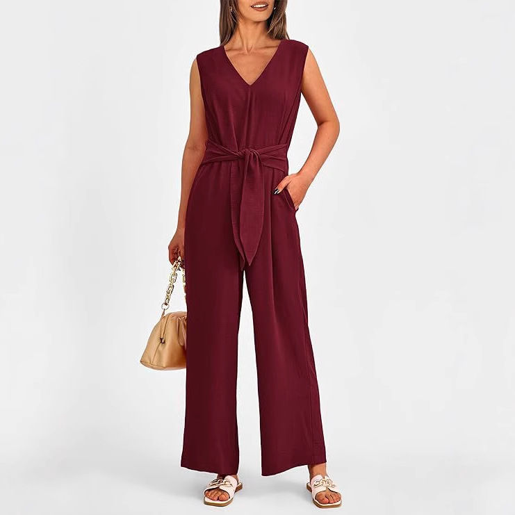 Women's V-Neck Sleeveless Wide-Leg Belted Jumpsuit
