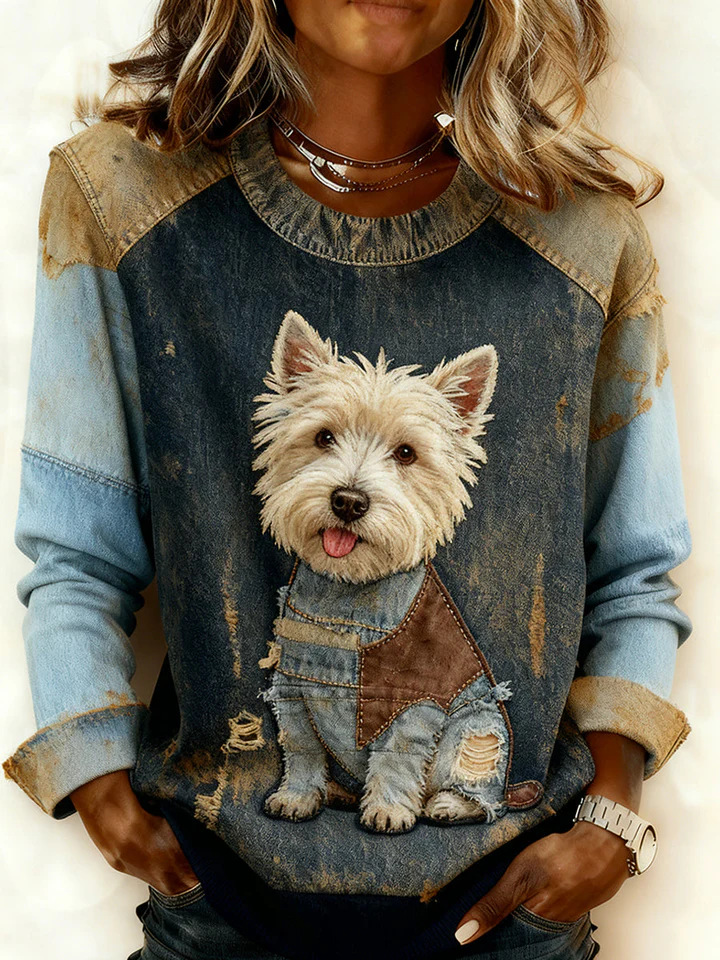 3D Faux Cow Print Crewneck Loose Women's Sweatshirt