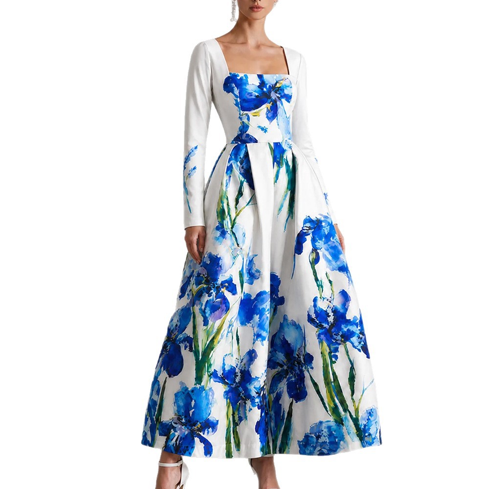 Long Sleeve Blue and White Porcelain Print Maxi Dress