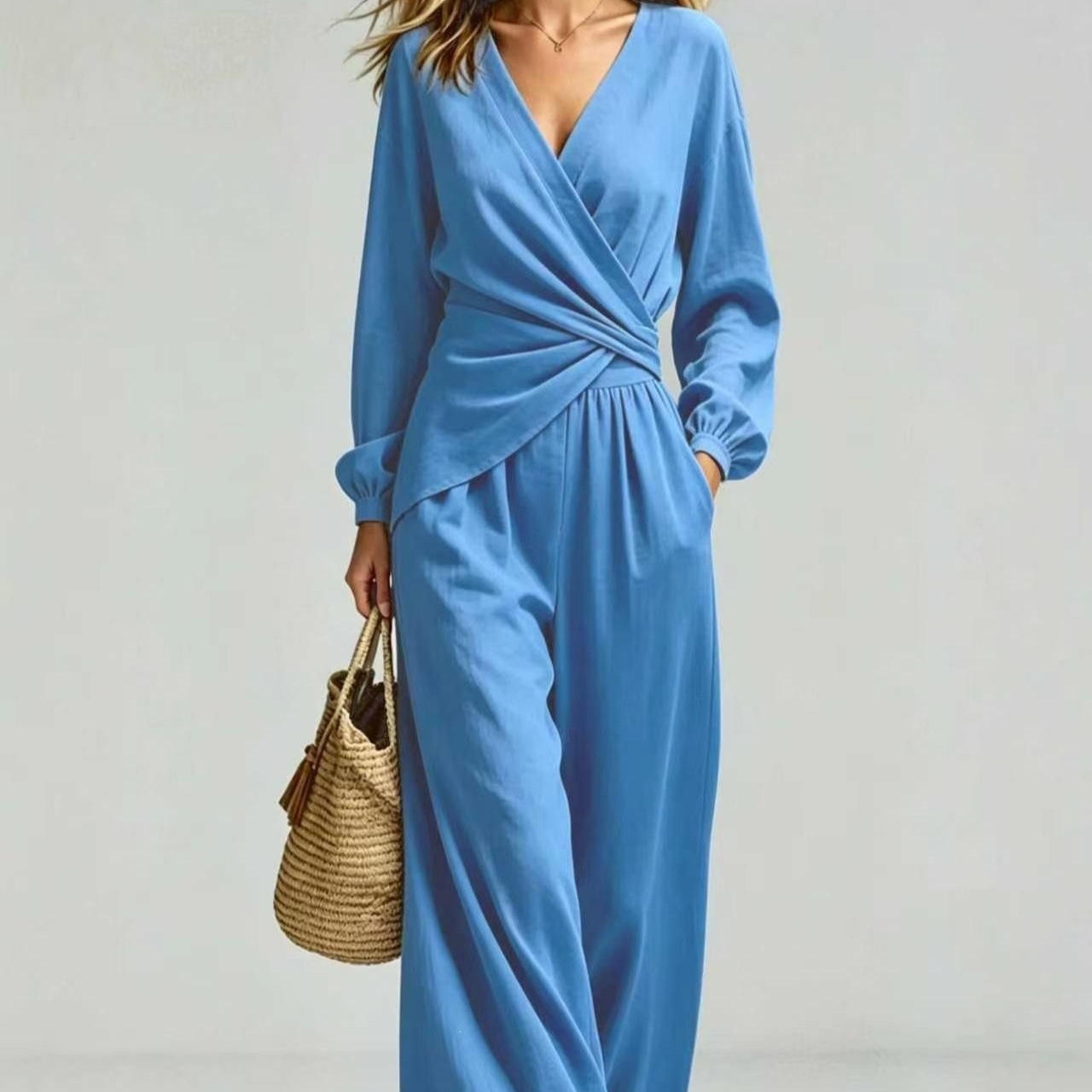 Women's Puff Sleeve Two-Piece Pant Set Slimming Elegant