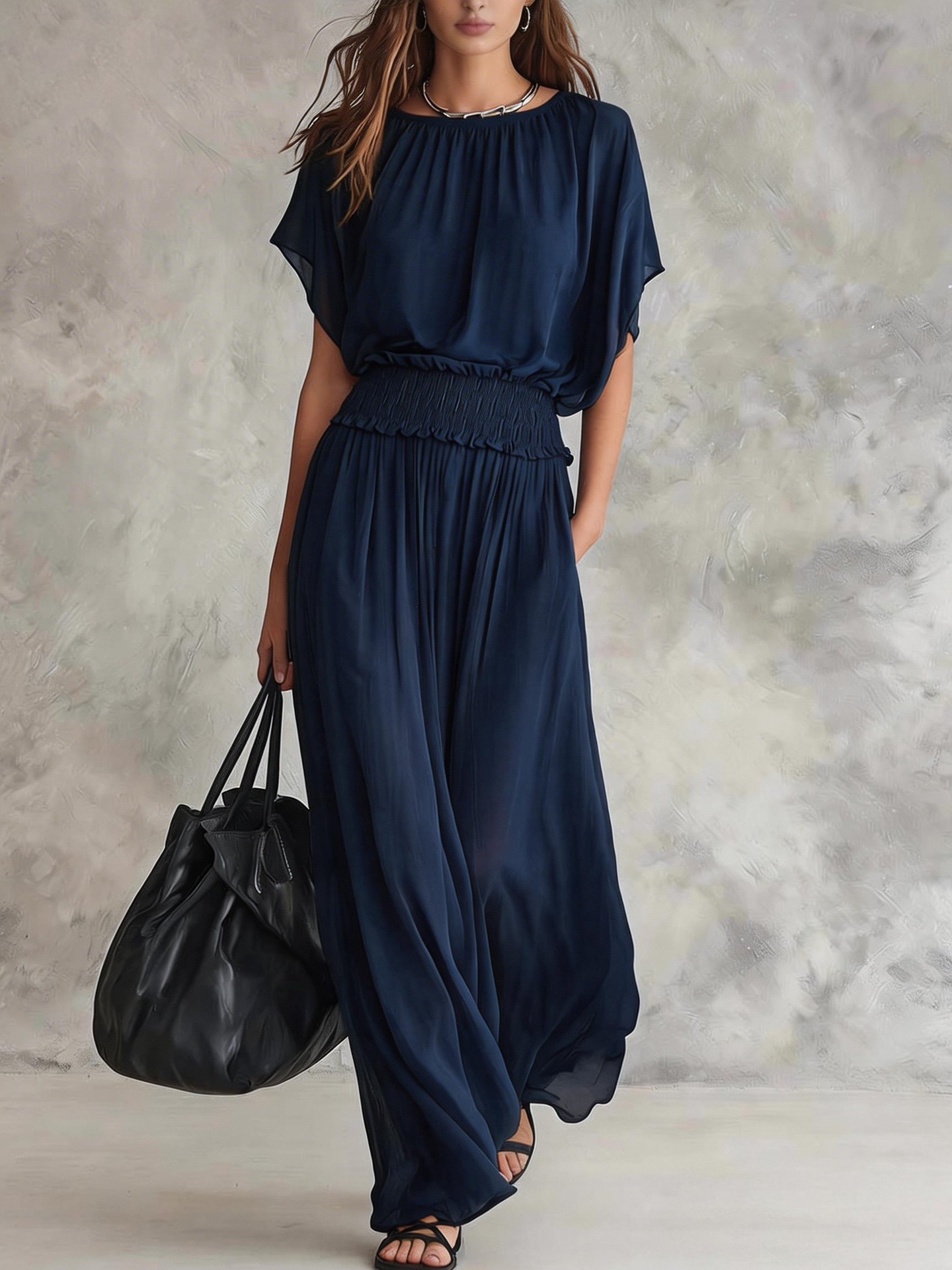 Chiffon Smocked Waist Long Dress