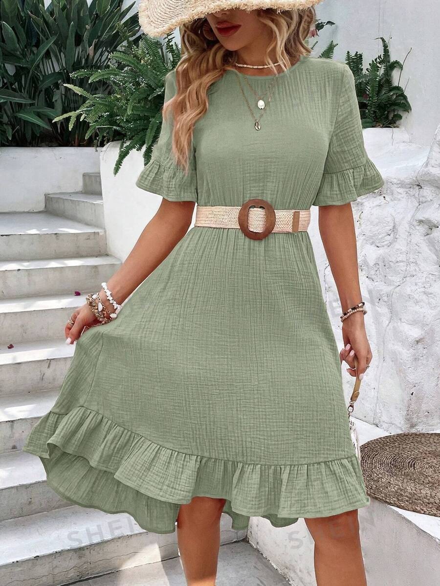 TUME Women's Casual Tie-Waist Short-Sleeve Midi Dress