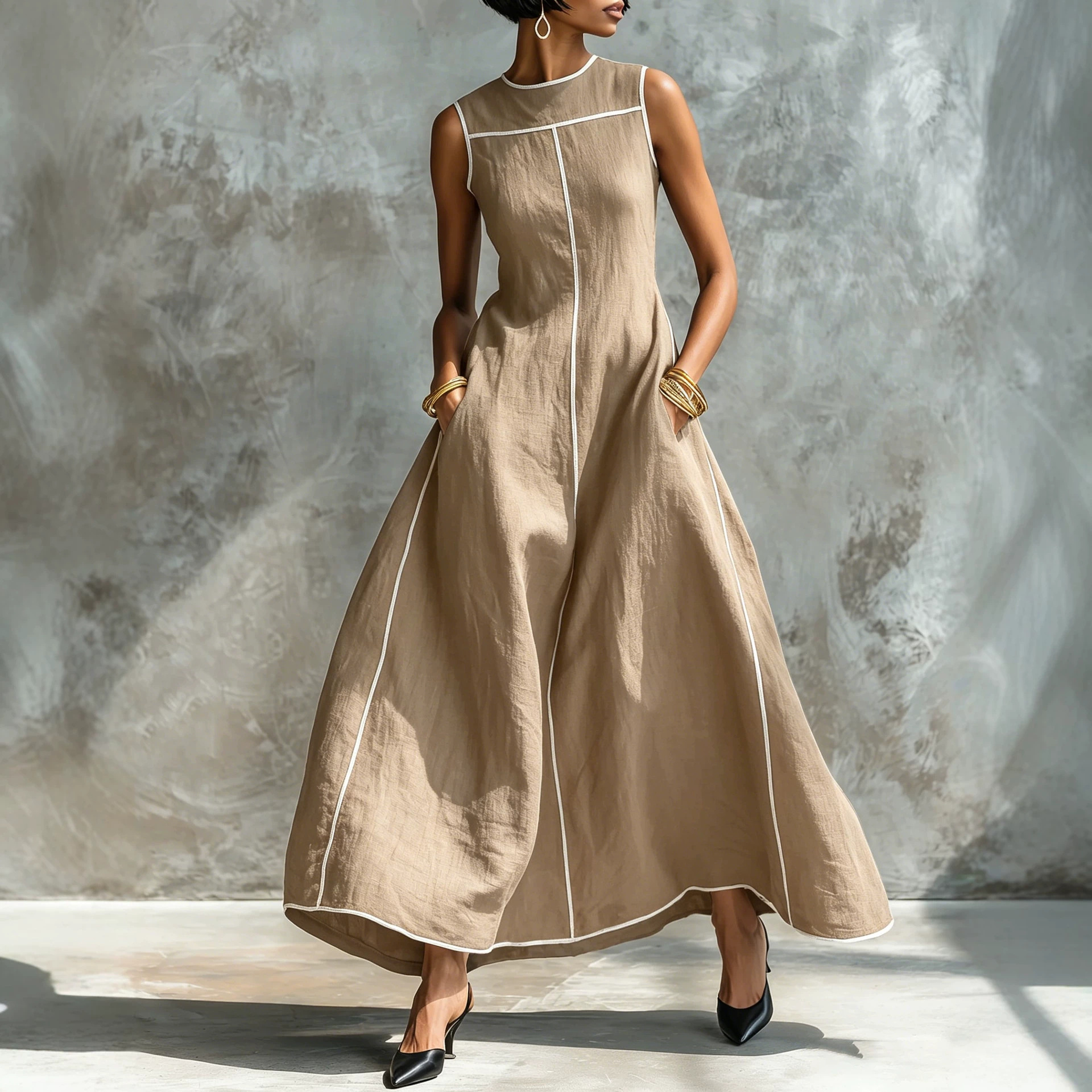 Women's Sleeveless Colorblock A-Line Midi Dress with Contrast Stitching and Cinched Waist