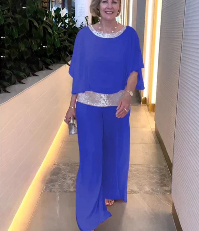 Women's Sequin Colorblock Batwing Top and Wide-Leg Pants Set