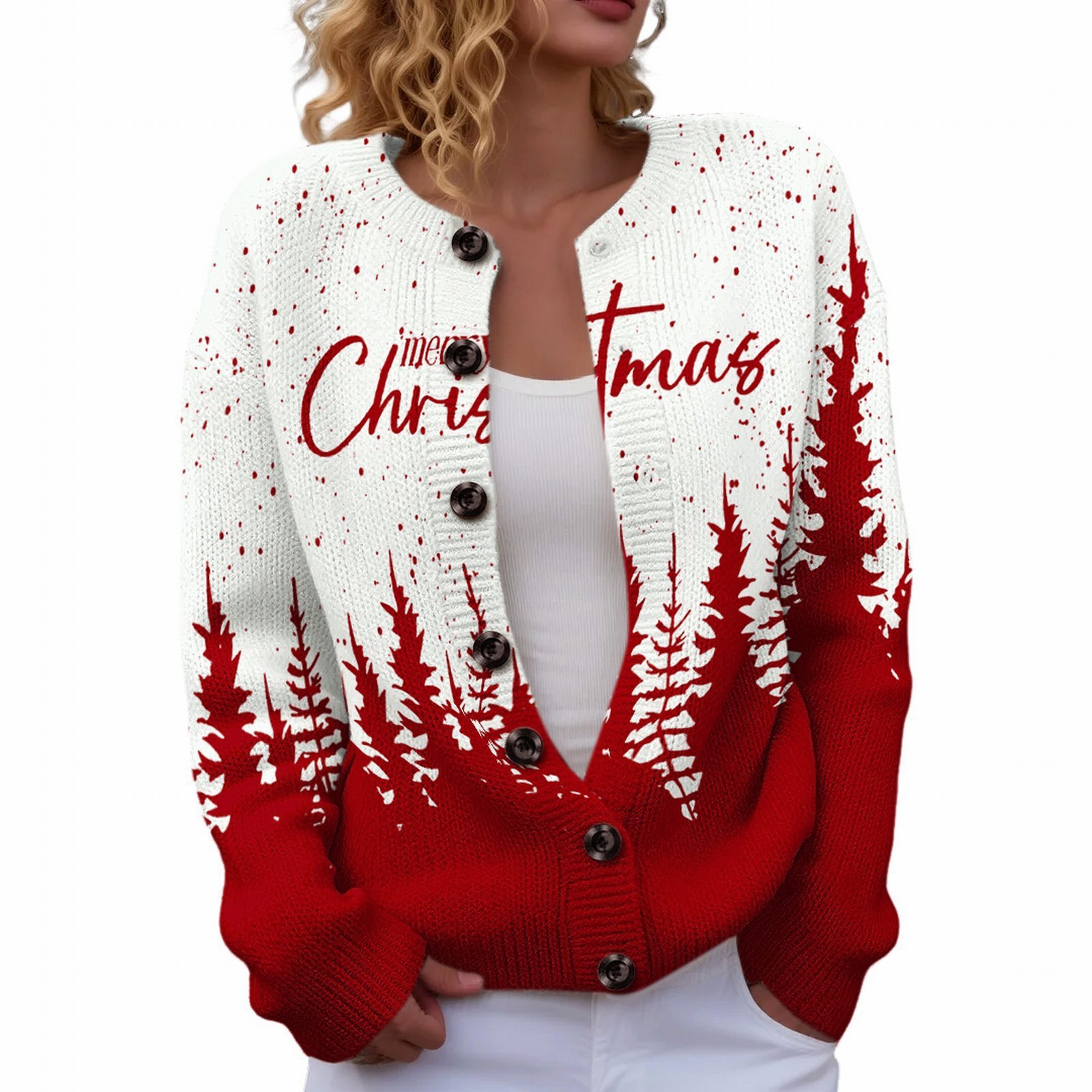 Women's Christmas Reindeer Forest Print Button Cardigan Sweater