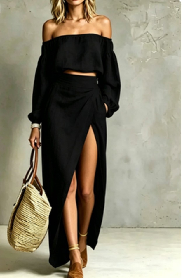Women's Solid Color Bandeau Casual Two-Piece Set with Slit