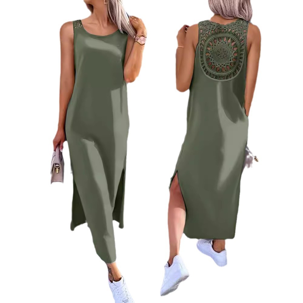 Solid Color Lace Hollow Out Slit Sleeveless Dress