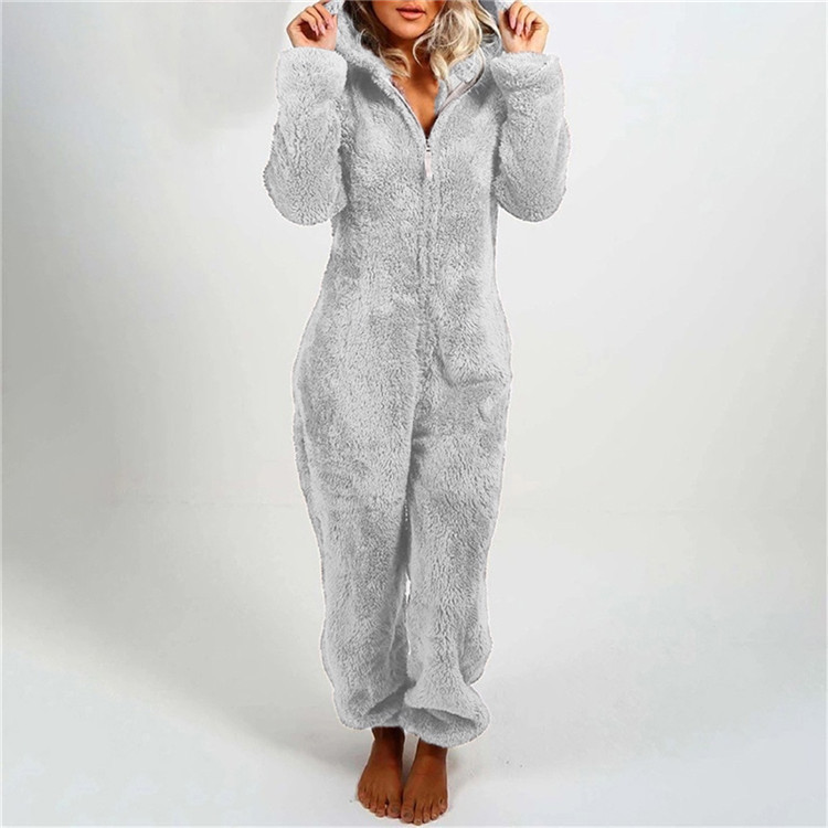 Women's Solid Hooded Long Sleeve Fleece Jumpsuit