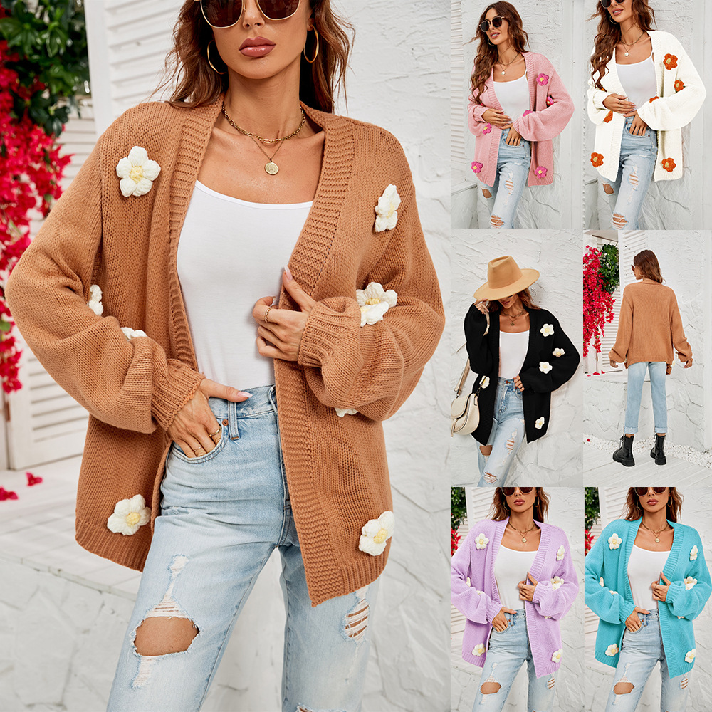 Floral Open-Front Cardigan with Lantern Sleeves