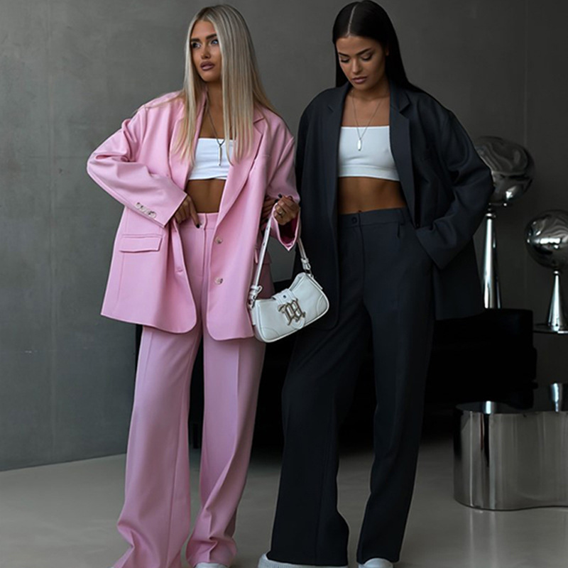 Women's Casual Two-Piece Suit Set Solid Color Loose Cardigan Blazer and Button Pants