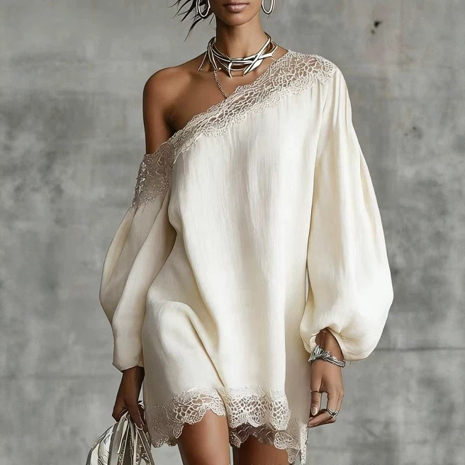 Women's Summer One-Shoulder Lace Trim Short Sleeve Casual Dress
