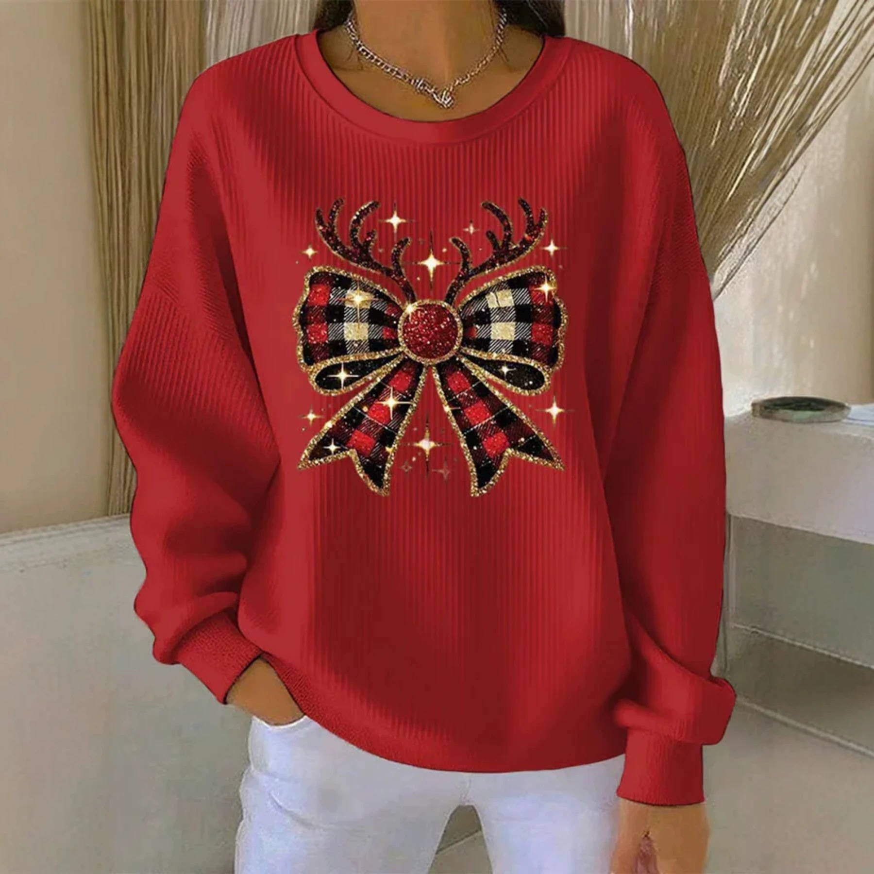 Christmas Print Crewneck Long Sleeve Pullover Sweatshirt