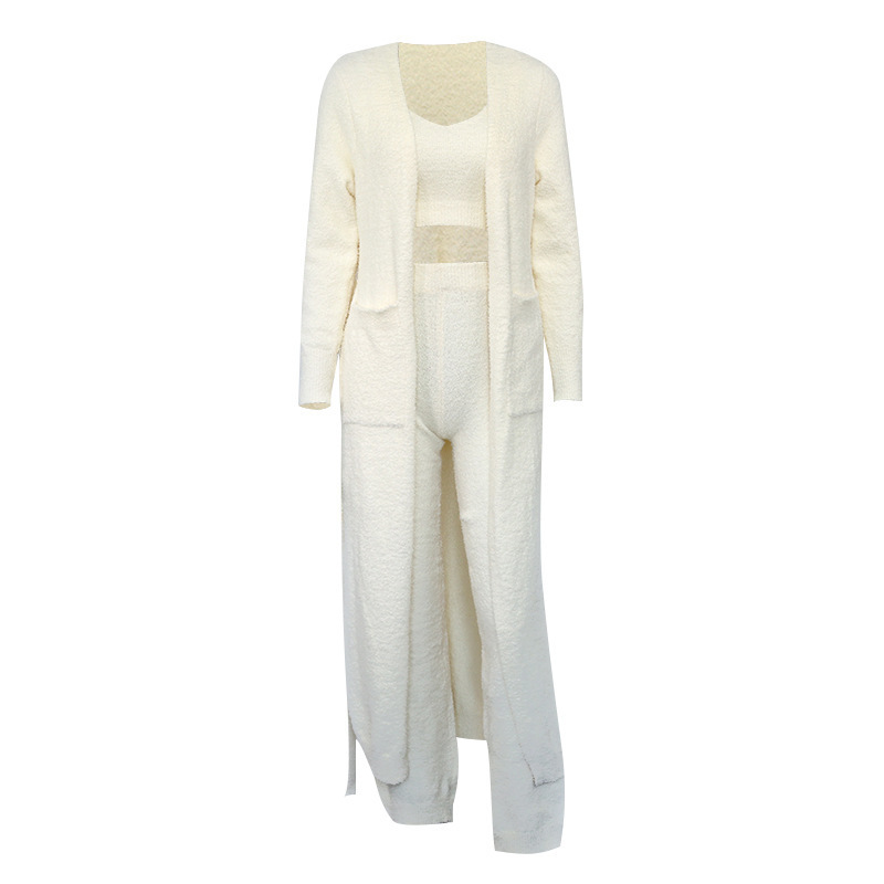 Women's Plush Tie-Belt Long Three-Piece Loungewear Set with Robe and Pants