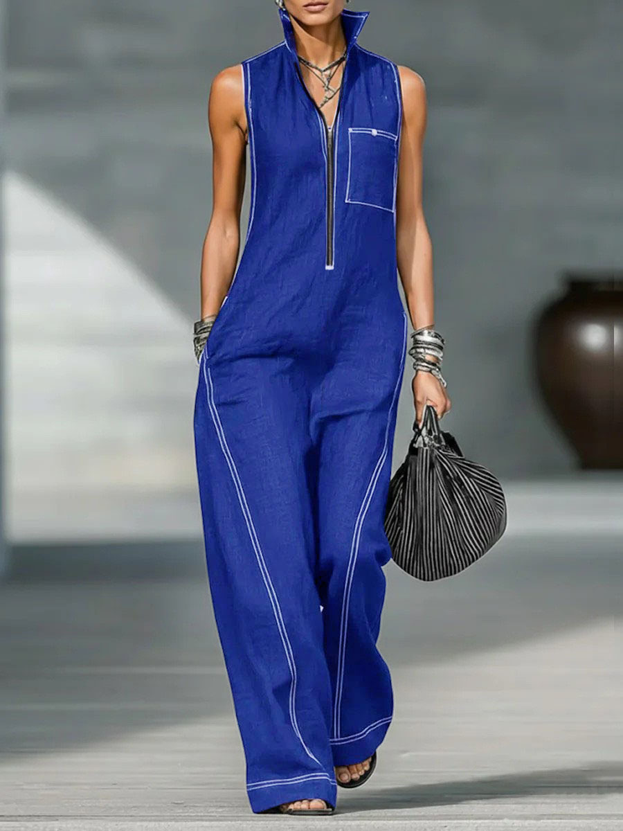 Women's Sleeveless Stand Collar Wide-Leg Jumpsuit