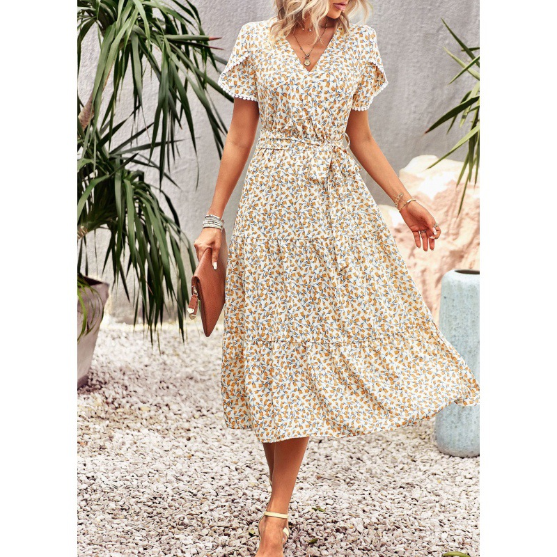Women's V-Neck Floral Tie Split Midi Dress
