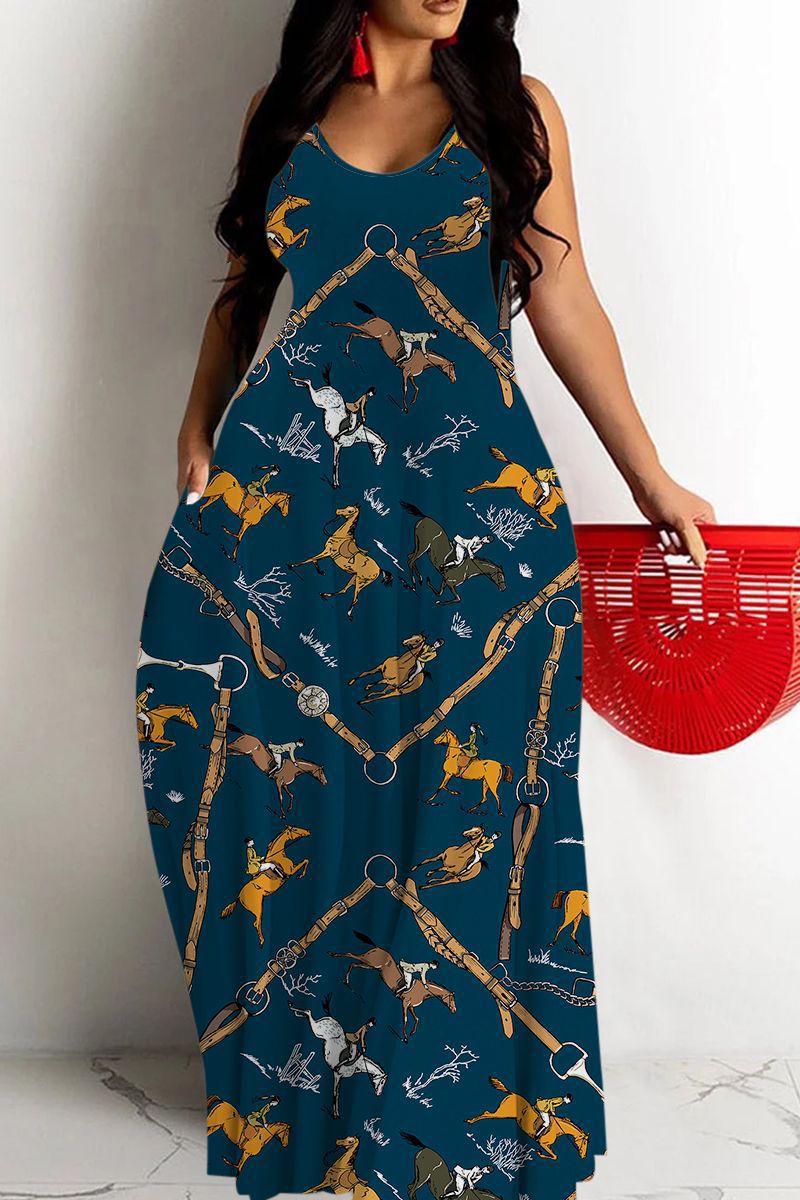 Women's Printed Deep V-Neck Sleeveless Maxi Dress