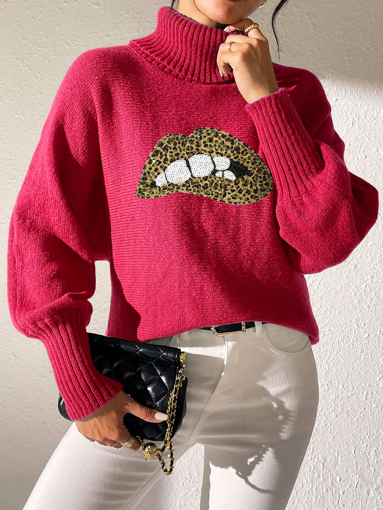 Women's Sequin Embroidered Cartoon Lips Turtleneck Pullover Sweater