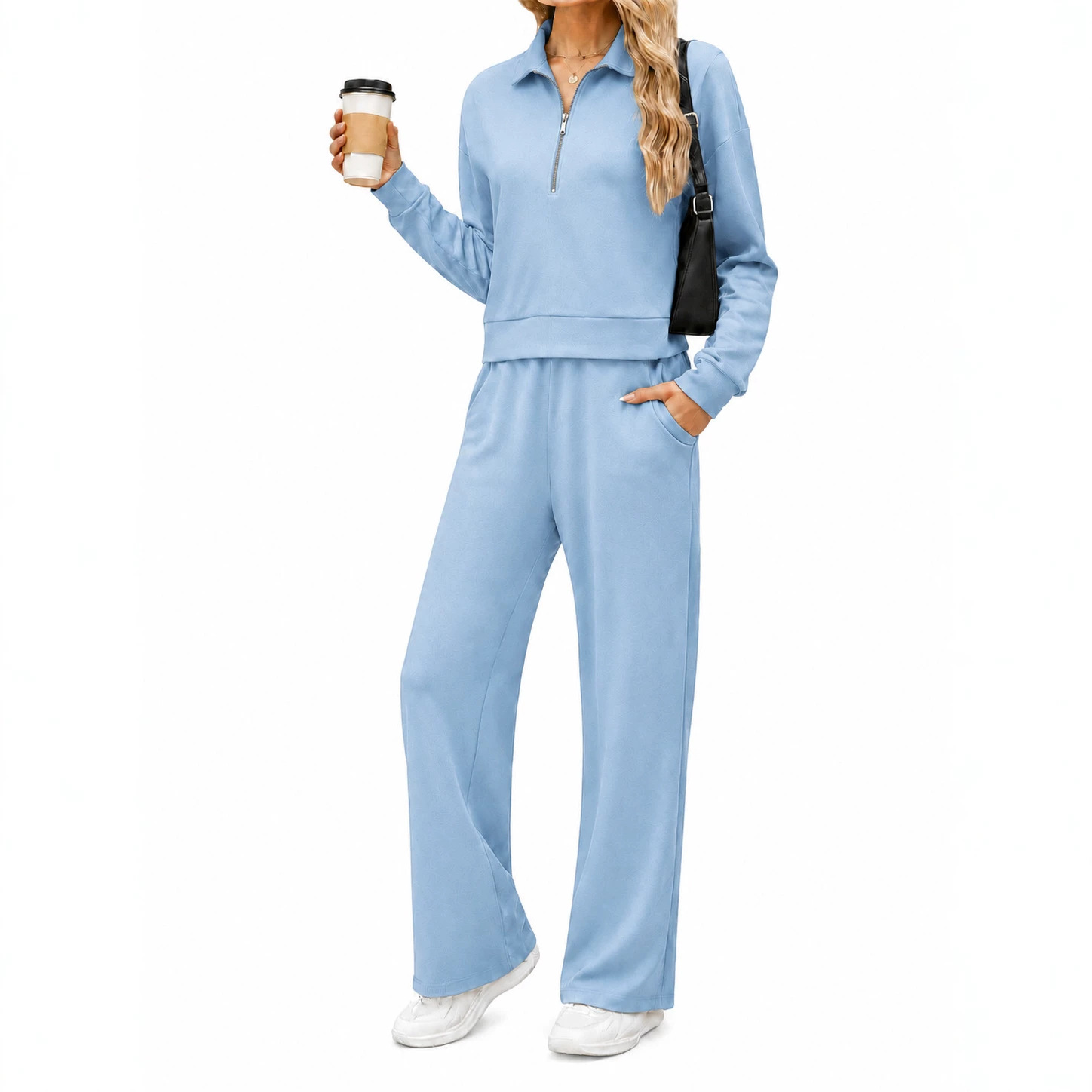 Women's Half-Zip Collared Sweatshirt & Wide-Leg Pants Set Casual Two-Piece