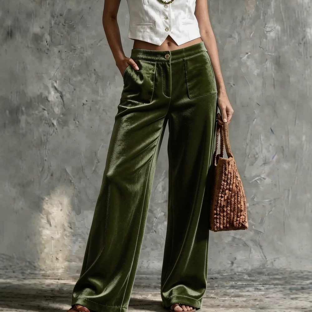 Velvet High-Waist Straight-Leg Pants with Pockets