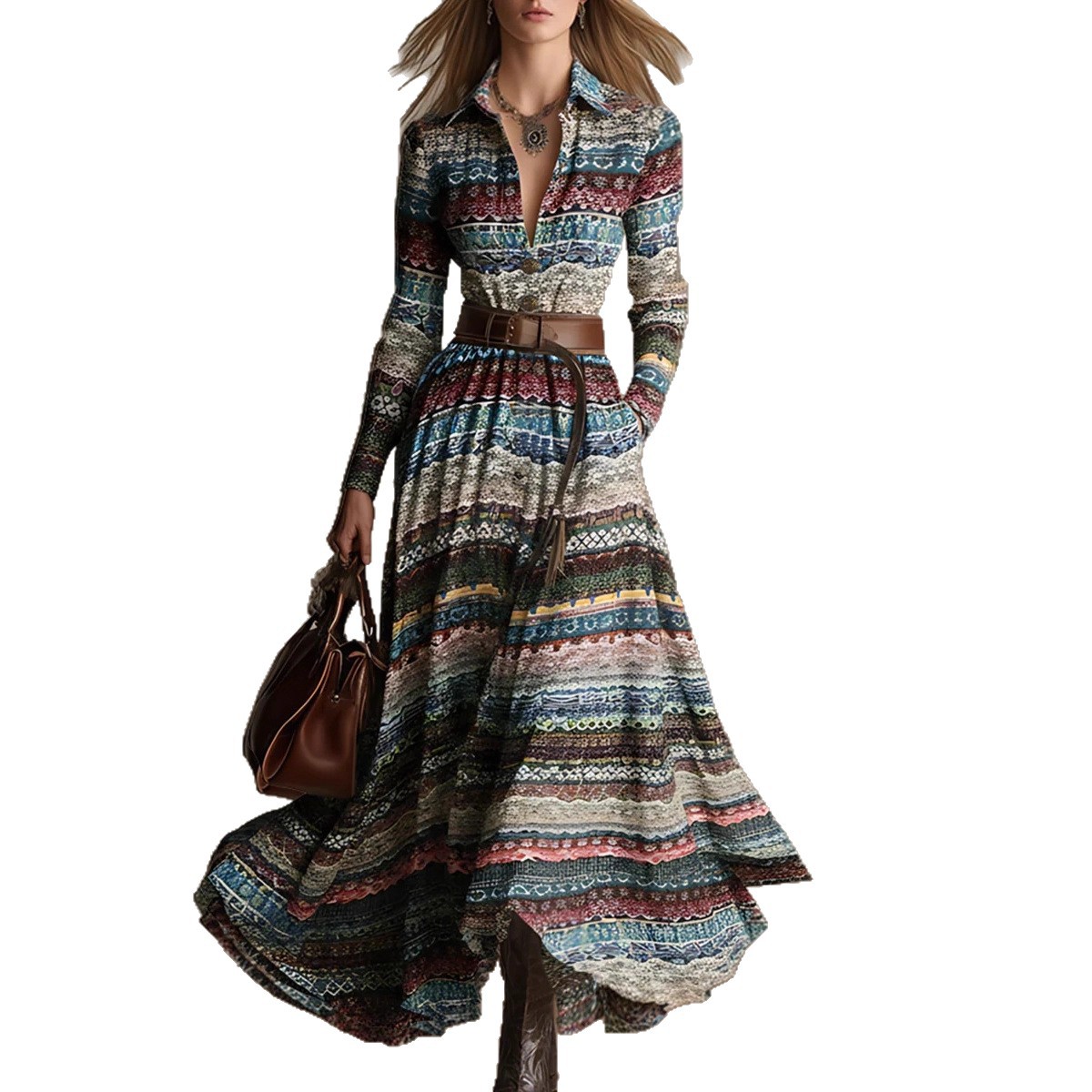 Women's Ethnic Tribal Print Long Sleeve Maxi Shirt Dress