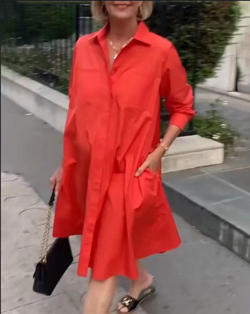 Women's Casual Solid Color Long Sleeve Shirt Dress