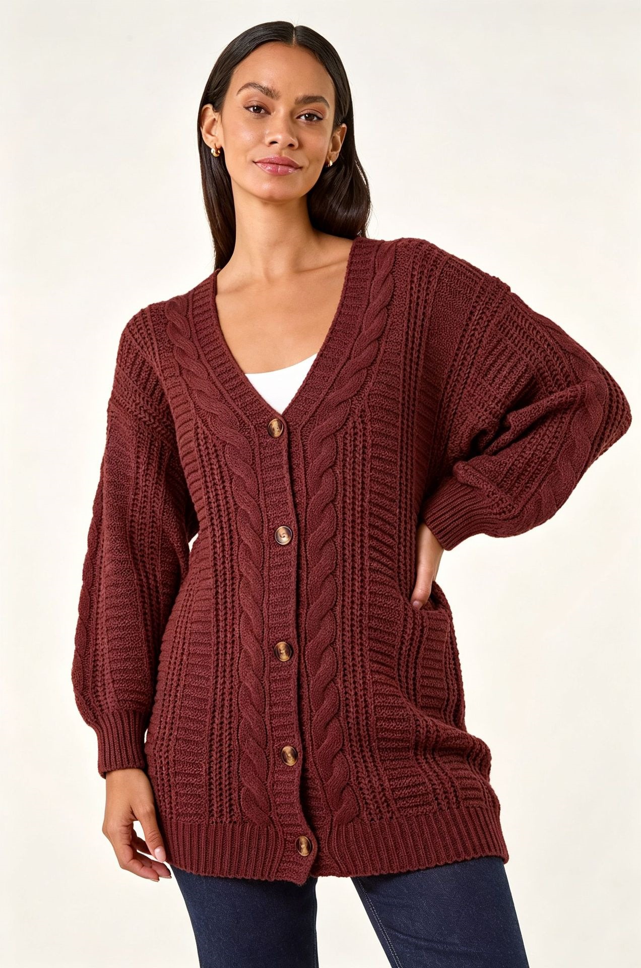 Women's Plus Size Solid Knit Cardigan V-Neck Lantern Sleeve Loose Fit