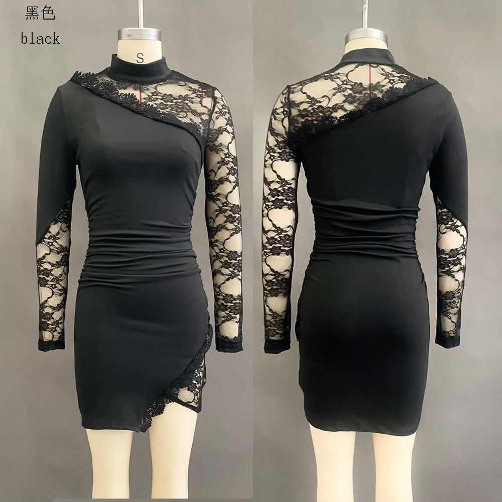 Women's Long Sleeve Lace Panel Bodycon Dress with Slit