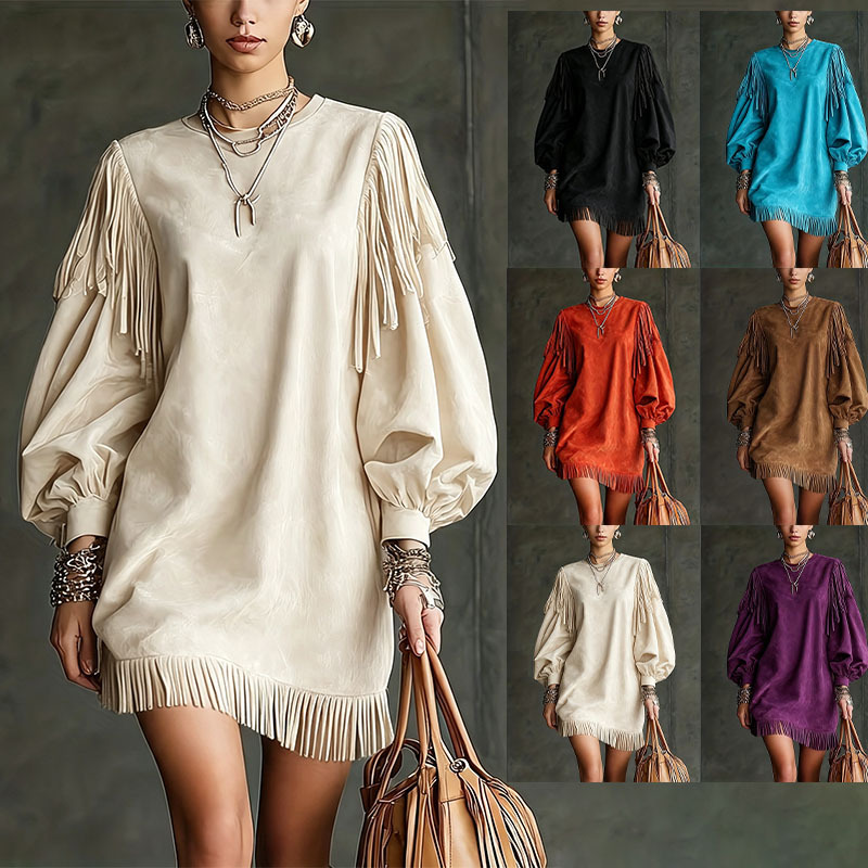 Women's Tassel Lantern Sleeve Short Dress - Loose Fit, Round Neck, Polyester Blend