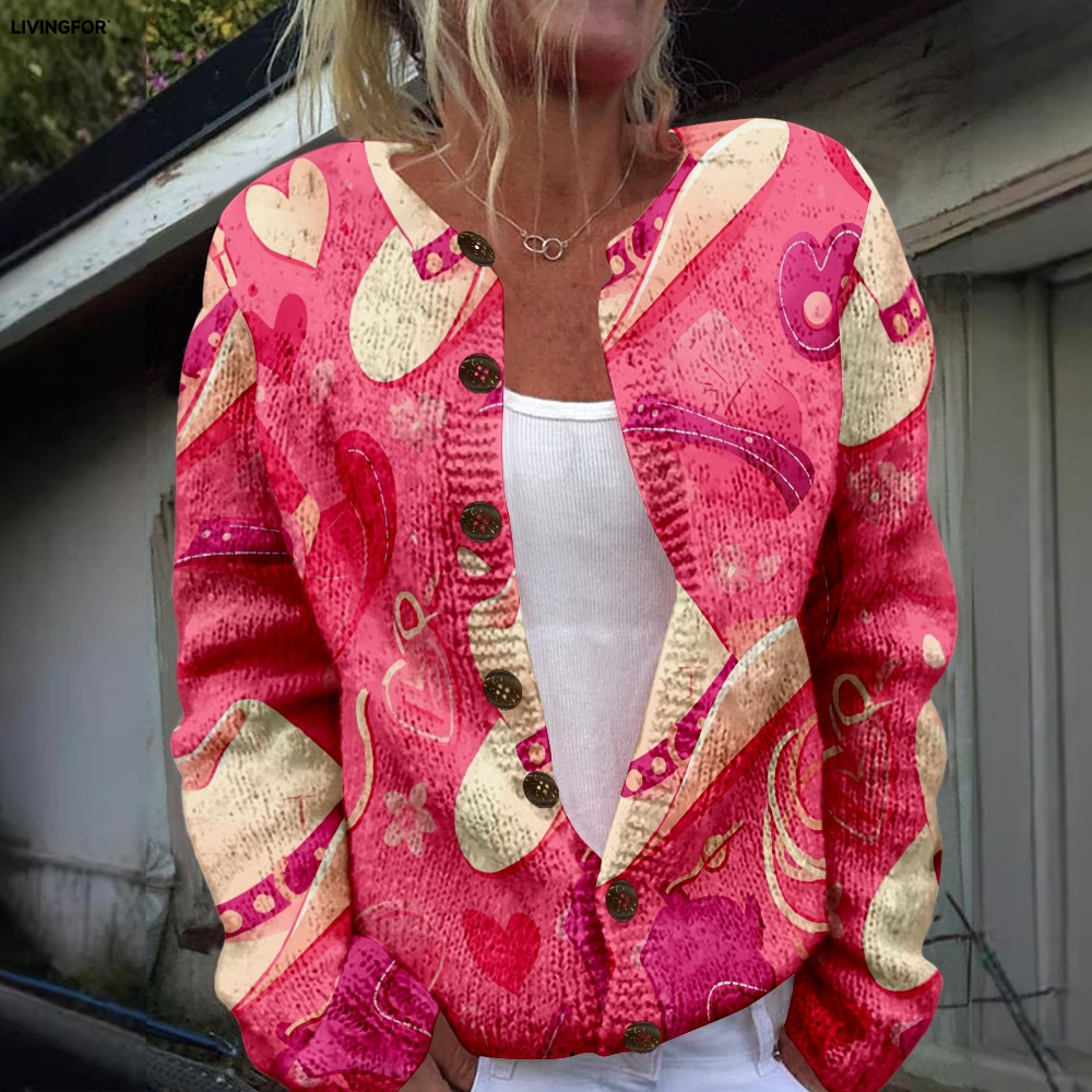 Women's Heart & Flower Print Button Cardigan Sweater