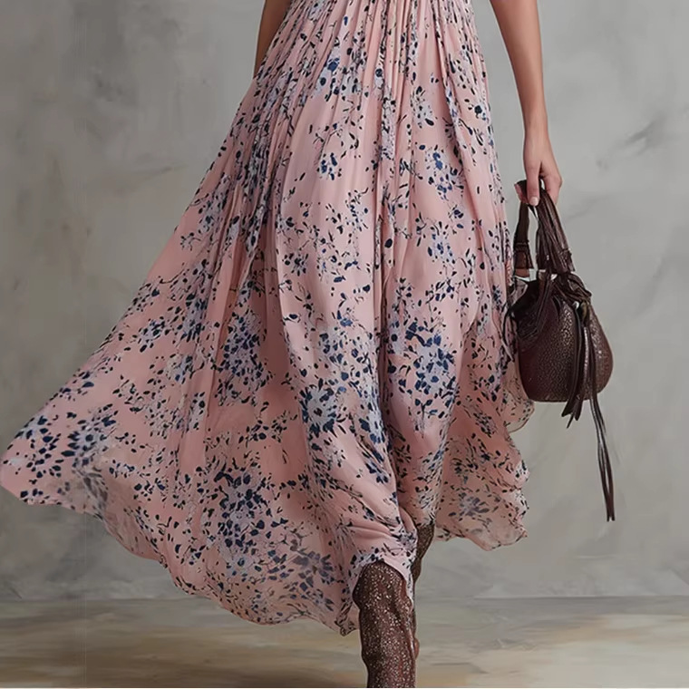 Vintage Floral Print Pink Chiffon V-Neck Long Dress