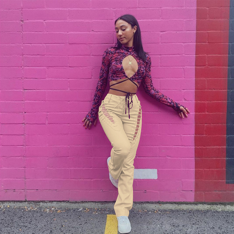 High-Waist Cutout Lace-Up Straight-Leg Slimming Faux Leather Pants
