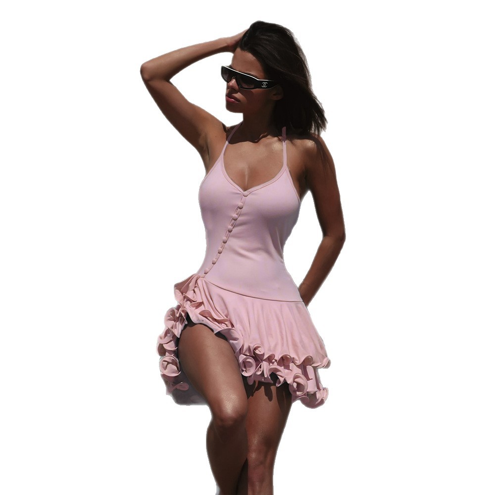Women's Halter Ruffle Bodycon Mini Dress with Button Front