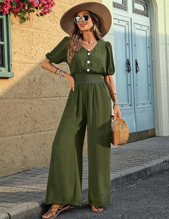 Elegant Short Sleeve Collared Waist-Defined Wide-Leg Jumpsuit