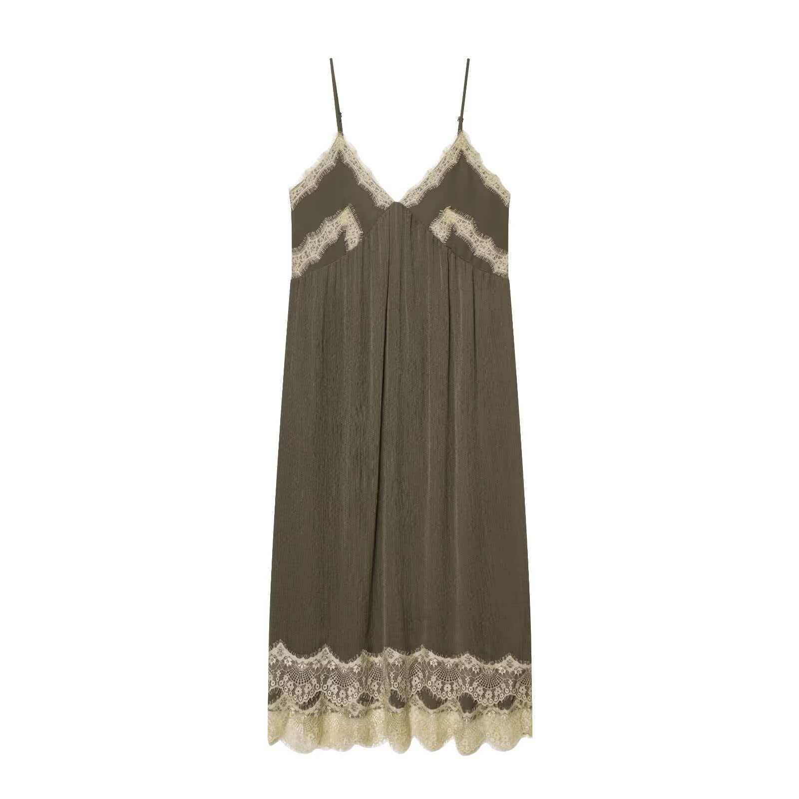 Women's Olive Green V-Neck Sleeveless Slip Dress