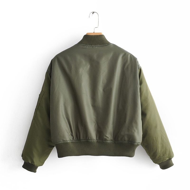 Army Green Cropped Bomber Jacket Padded Cotton Coat Long Sleeve