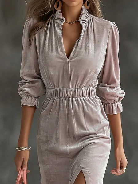 Velvet Dress with Ruffle Trim Stand Collar Elastic Waist Slit Midi