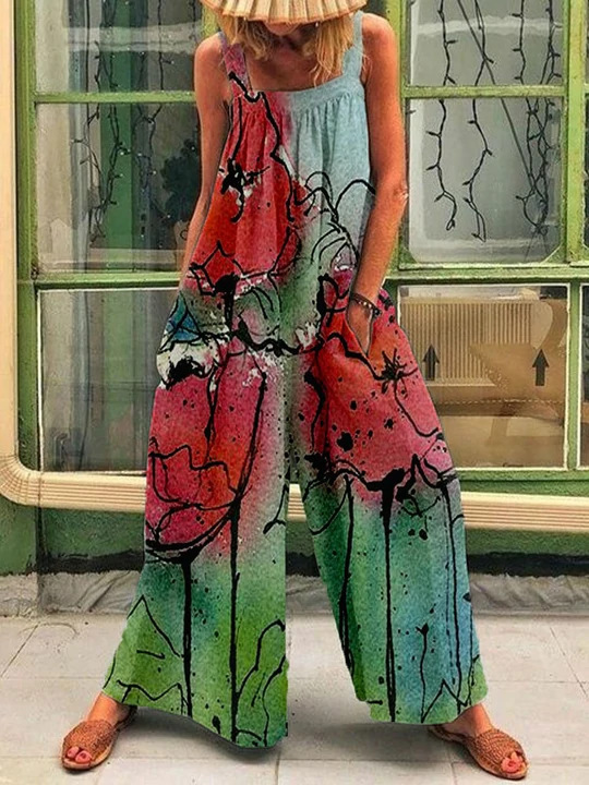 Women's Plus Size Floral Print Wide-Leg Jumpsuit with Straps