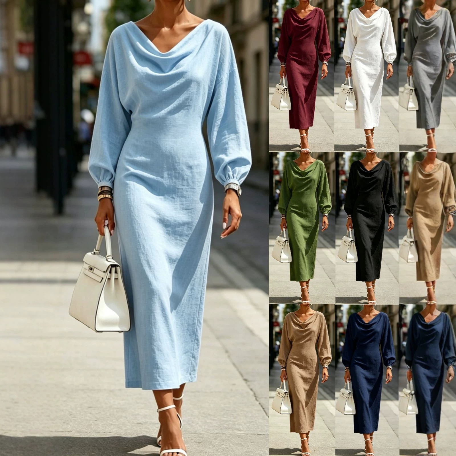 Women's Draped Neck Lantern Sleeve Long Sleeve Midi Dress Elegant A-Line