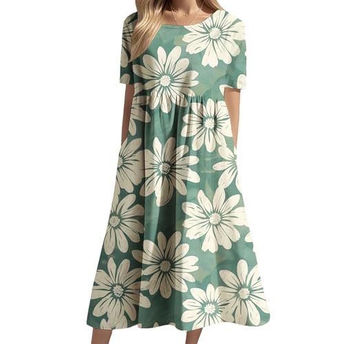 Women's Floral Print Ruched Midi Dress Short Sleeve Crew Neck
