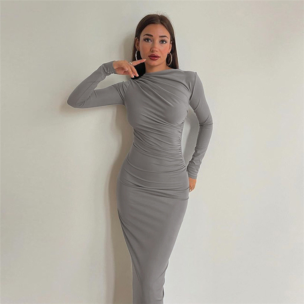 Women's Slim Fit Long Sleeve Bodycon Dress Solid Color High Waist