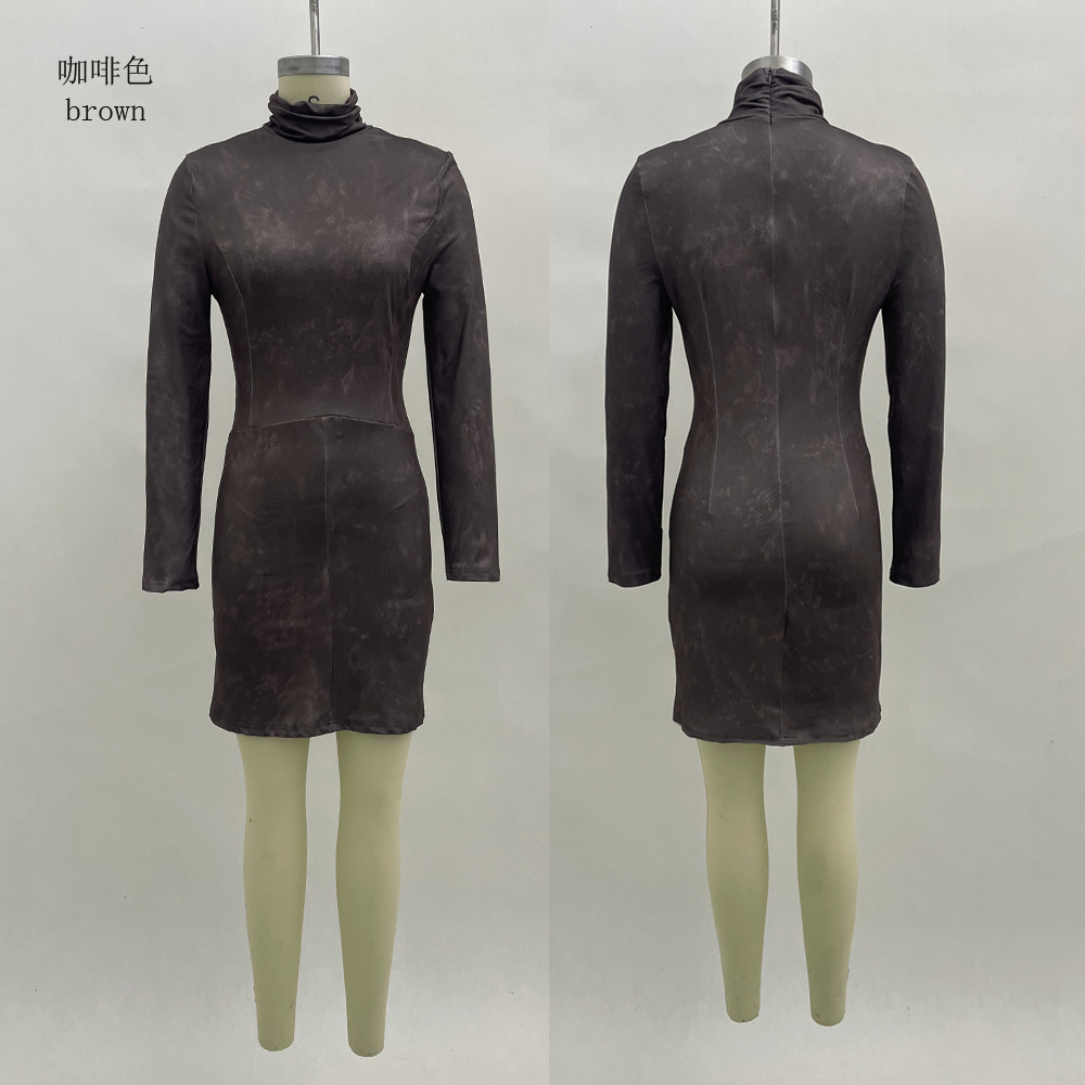 High Neck Bodycon Mini Dress Solid Color Slim Fit