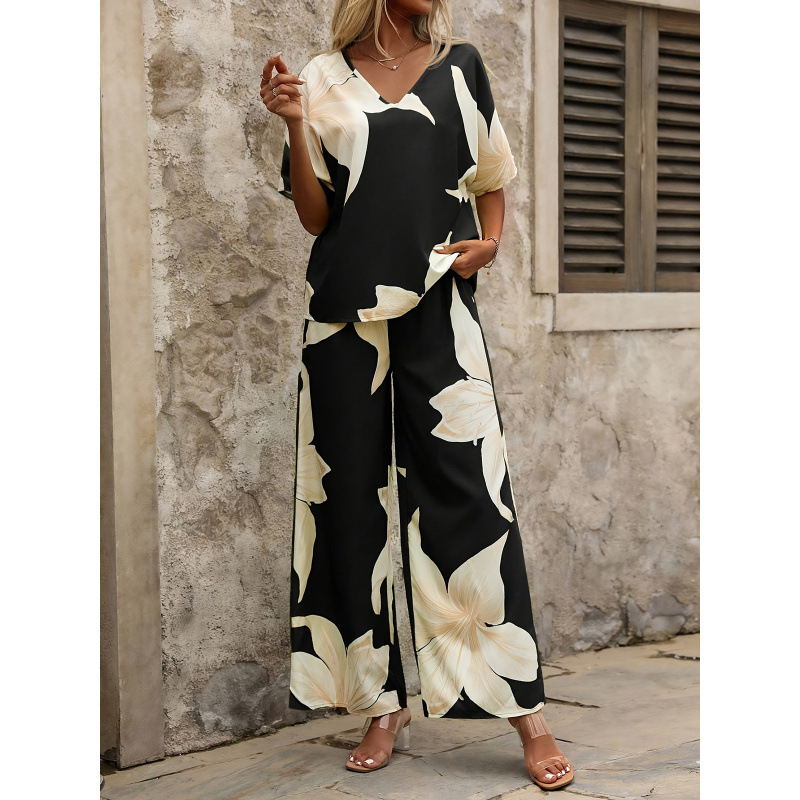 Floral Print V-Neck Batwing Sleeve Top and Wide-Leg Pants Two-Piece Set