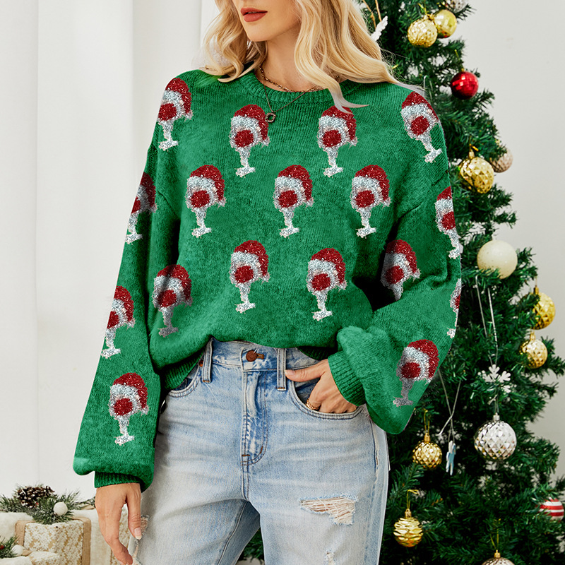 Pink Jacquard Sweater with Puff Sleeves